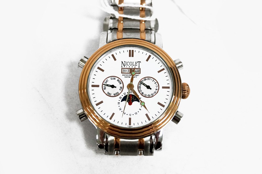 NICOLET STAINLESS, 21-JEWEL AUTOMATIC MOONPHASE: NICOLET STAINLESS, 21-JEWEL AUTOMATIC MOONPHASE CALENDAR WRISTWATCH WITH 7 3/4" BRACELET BAND