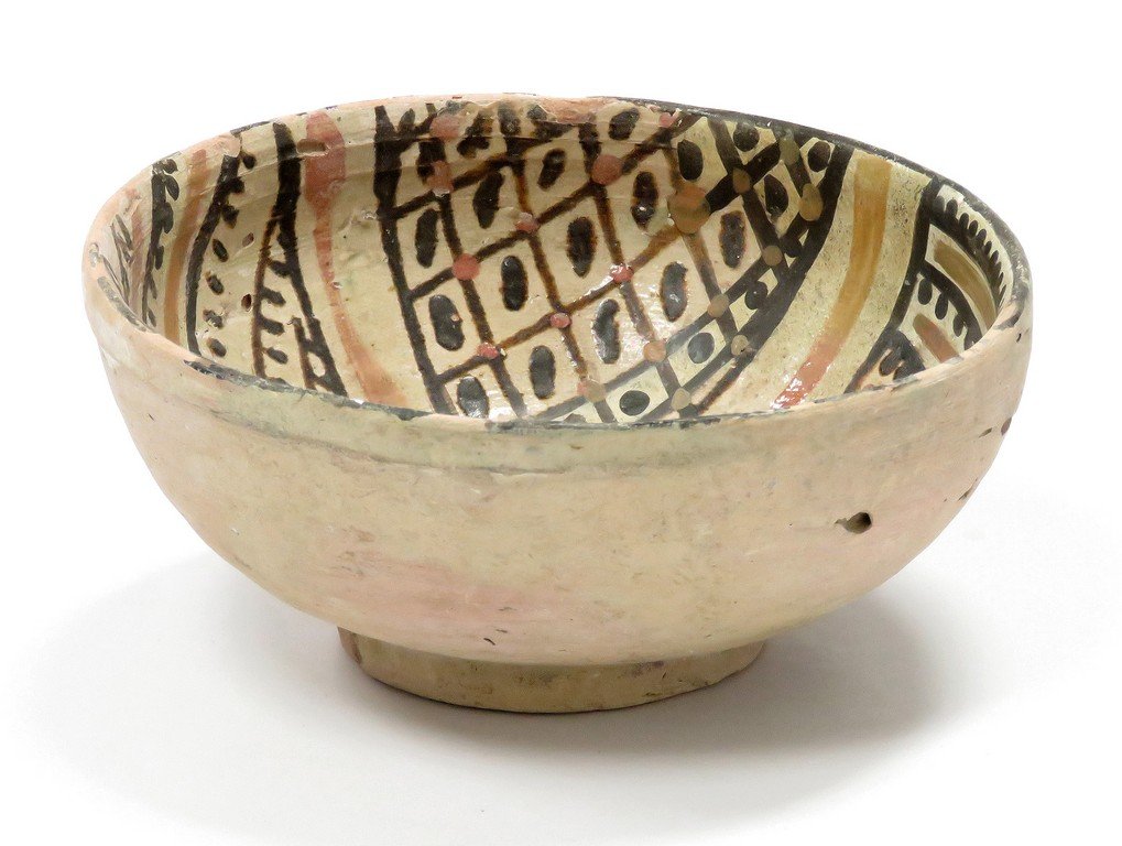 ISLAMIC DECORATED POTTERY BOWL, ILKANID, SULTANABA,: ISLAMIC DECORATED POTTERY BOWL, ILKANID, SULTANABA, C.1000 AD. HEIGHT 3 1/4"; DIAMETER 8"