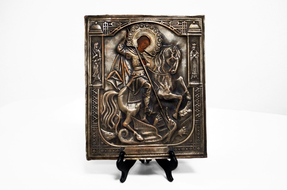 RUSSIAN ICON ON WOOD PANEL, ST GEORGE/DRAGON, WITH (1 of 4)