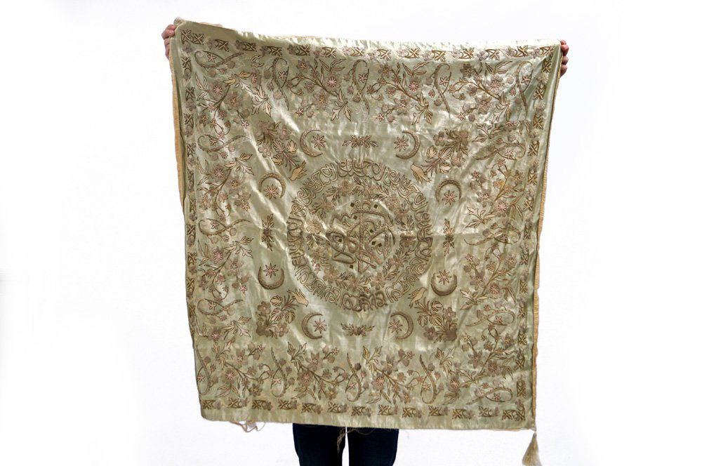 ISLAMIC METALLIC THREAD EMBROIDERED GREEN SILK PANEL (1 of 3)