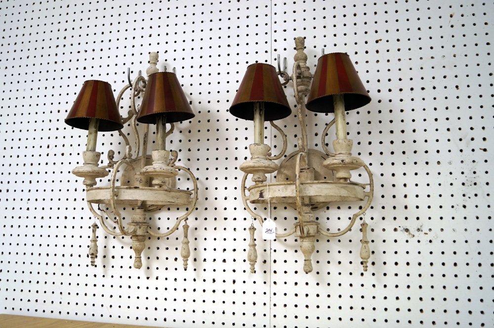 PAIR FRENCH PROVINCIAL STYLE WROUGHT IRON AND WOOD: PAIR FRENCH PROVINCIAL STYLE WROUGHT IRON AND WOOD SCONCES. HEIGHT 23"