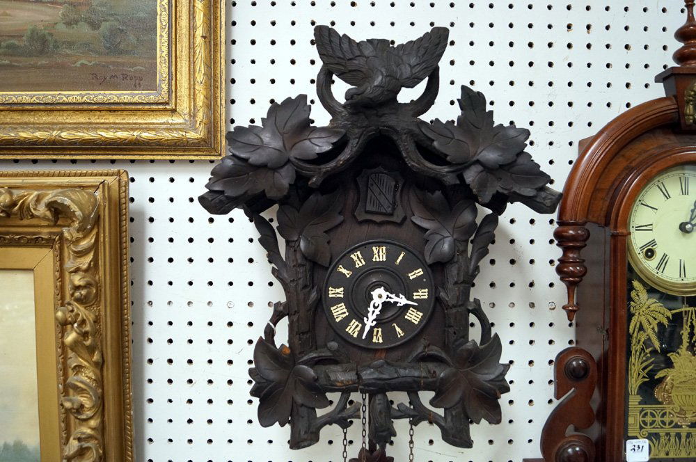 GERMAN BLACK FOREST CARVED CUCKOO WALL CLOCK. HEIGHT (1 of 3)