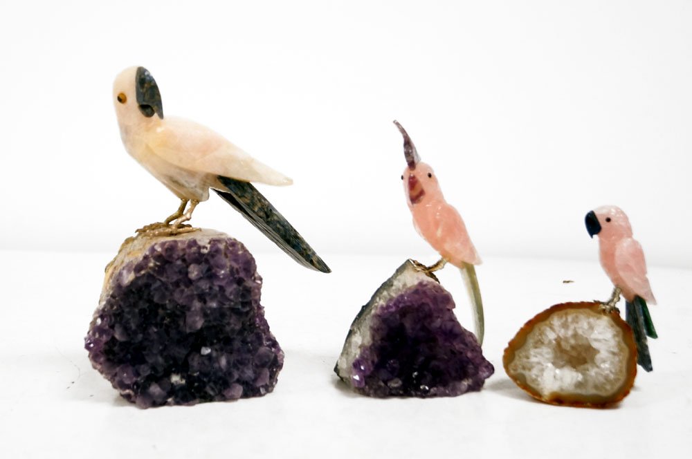 LOT (3) BRAZILIAN CARVED ROSE QUARTZ AND AMETHYST BIRDS (1 of 2)