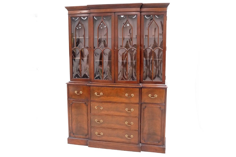REGENCY STYLE CARVED MAHOGANY BREAKFRONT. HEIGHT 82"; (1 of 3)