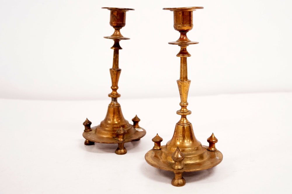 PAIR RUSSIAN BRASS FOOTED CANDLESTICKS, SIGNED. HEIGHT (1 of 1)