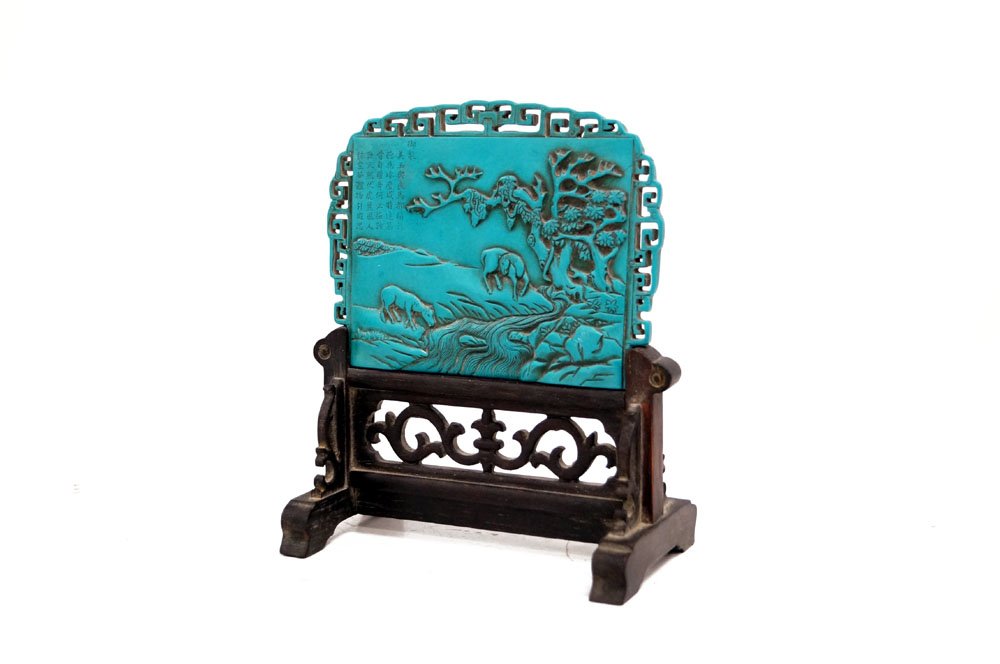 CHINESE CARVED STONE TABLE SCREEN WITH STAND. HEIGHT 7 (1 of 3)