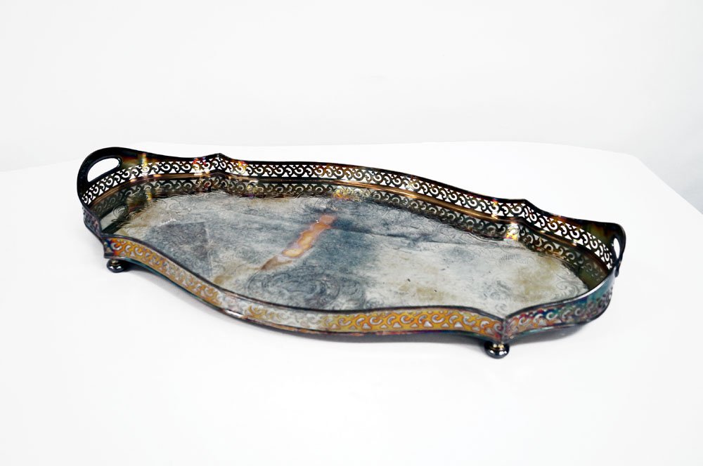 SHEFFIELD SILVER PLATE FOOTED GALLERIED TRAY. 16 1/4 X (1 of 3)