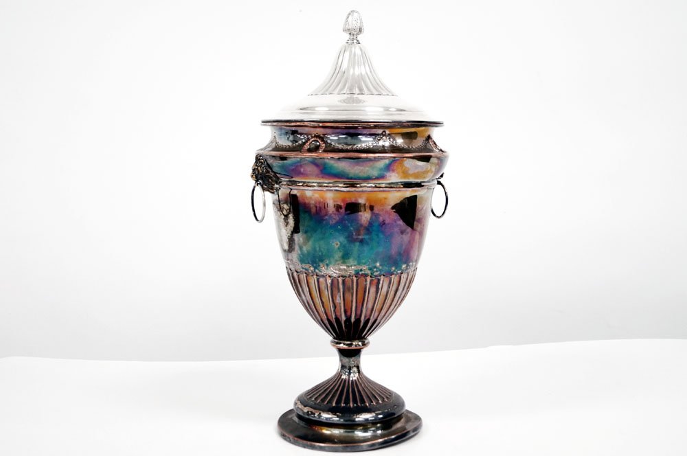 REGENCY STYLE SILVER-OVER- COPPER COVERED URN. HEIGHT (1 of 3)