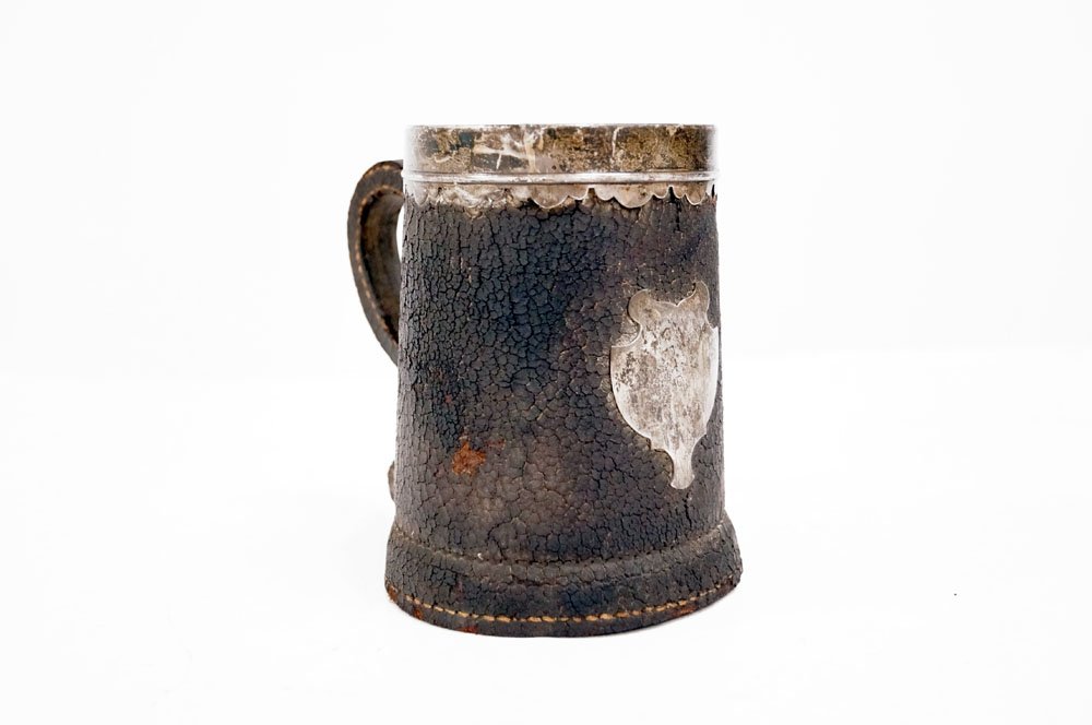 GORHAM LEATHER TANKARD TROPHY CUP WITH STERLING MOUNTS. (1 of 6)