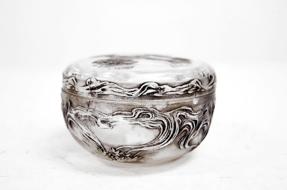 LALIQUE "L'ORIGON" ROUND POWDER BOX. HEIGHT 2 1/4"; (1 of 3)