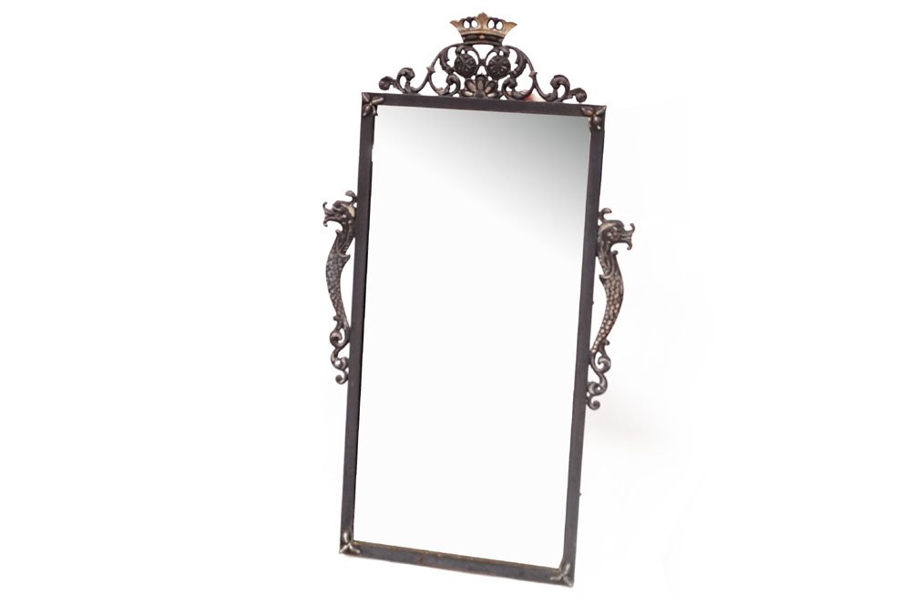 ART DECO CAST IRON FRAMED MIRROR. HEIGHT 33 1/2"; WIDTH (1 of 2)