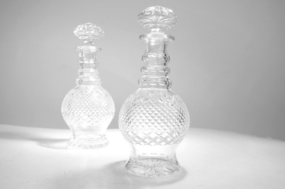 PAIR WATERFORD STYLE CUT CRYSTAL DECANTERS. HEIGHT 12" (1 of 2)