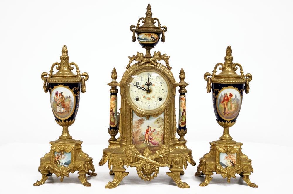 FRENCH STYLE GILT BRASS CLOCK SET (3). HEIGHT 17" (1 of 2)