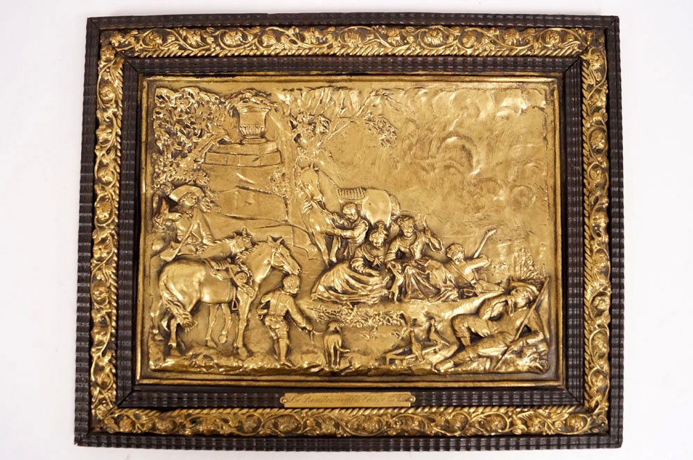 PAIR FRENCH REPOUSSE FRAMED BRASS PANELS, AFTER VAN (1 of 1)