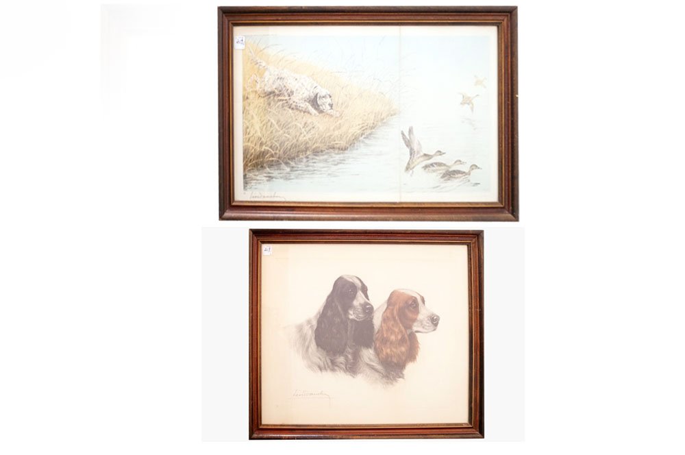 LEON DANCHIN (FRENCH 1887-1938), LOT (2) LITHOGRAPHS: LEON DANCHIN (FRENCH 1887-1938), LOT (2) LITHOGRAPHS INCLUDING SPRINGER SPANIELS, SIGNED, SIGHT 18 1/2 X 23 1/4"; FRAMED AND GLAZED 21 1/2 X 26 1/2" AND HUNTING DOG FLUSHING DUCKS, SIGNED 1937, SIGHT