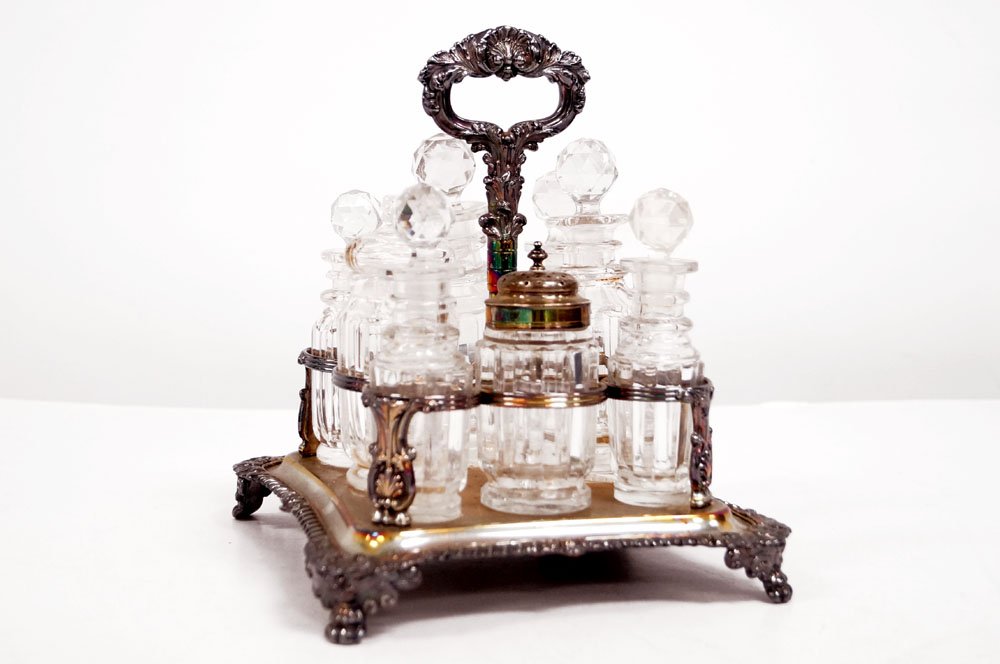 VICTORIAN SILVER-OVER-COPPER CUT CRYSTAL CRUET SET. (1 of 3)