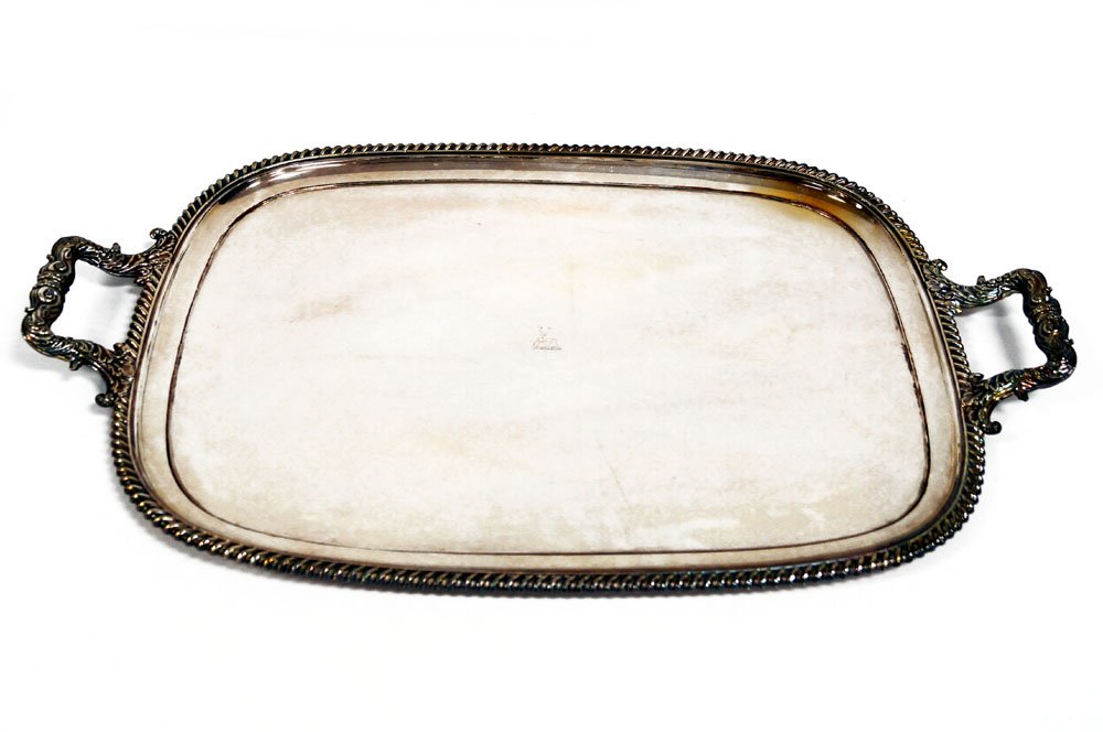SHEFFIELD SILVER-OVER-COPPER HANDLED TRAY. 17 X 27" (1 of 2)