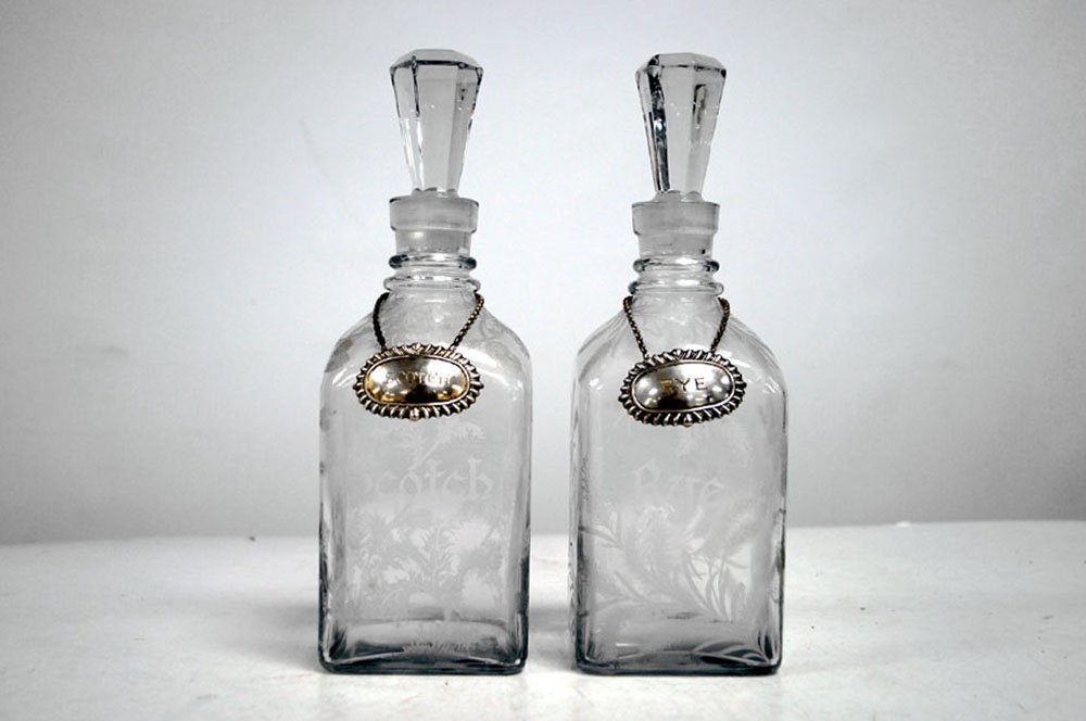 PAIR VICTORIAN ETCHED GLASS RYE & SCOTCH DECANTER WITH (1 of 2)