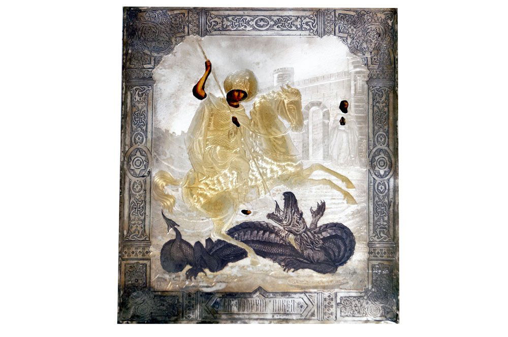 RUSSIAN SILVER PLATE ICON, ST. GEORGE SLAYING DRAGON. (1 of 4)