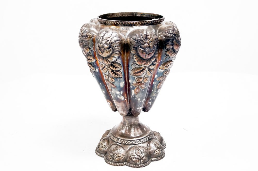 VICTORIAN REPOUSSE SILVER PLATE OVER BRASS LAMP BASE. (1 of 4)