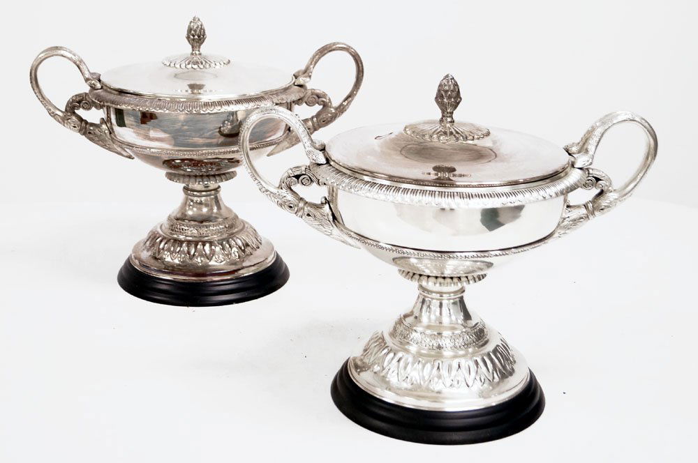 PAIR REGENCY STYLE SILVER PLATE CARVED URNS. HEIGHT 14" (1 of 2)
