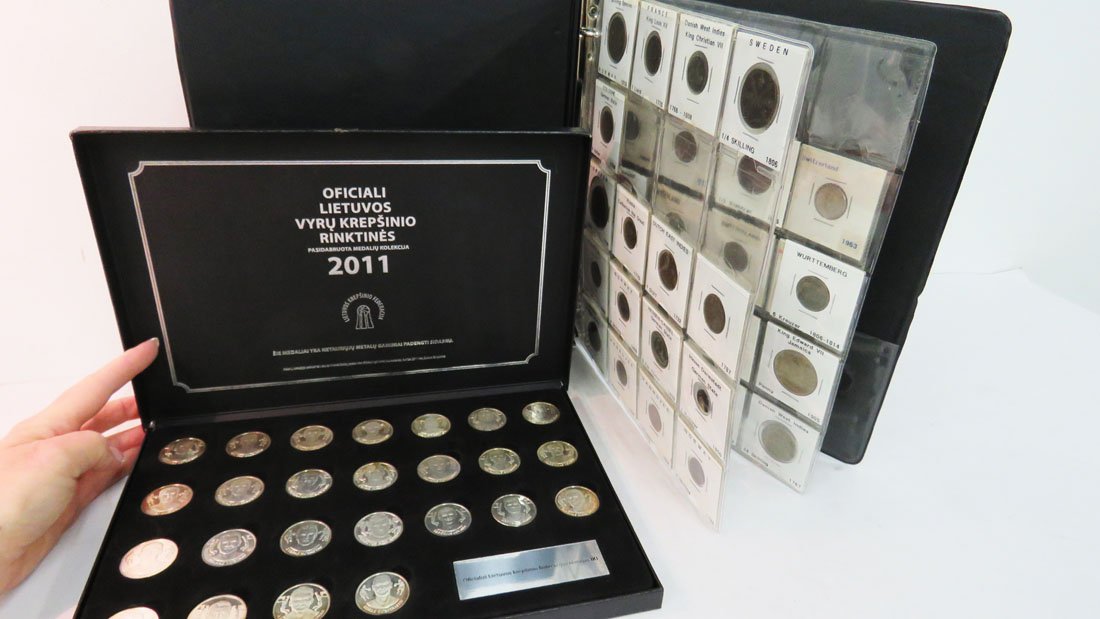 LOT (2) INCLUDING (35) 18-20TH CENTURY COINS INCLUDING: LOT (2) INCLUDING (35) 18-20TH CENTURY COINS INCLUDING EUROPEAN, SCANDINAVIAN, RUSSIAN, SWISS, AND OTHERS IN COLLECTOR BINDER AND CASED SET LITHUANIAN 2011 MEN'S BASKETBALL COMMEMORATIVE MEDALLIONS