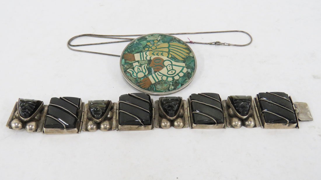 LOT (2) MEXICAN STERLING CARVED LABRADORITE BRACELET (1 of 5)