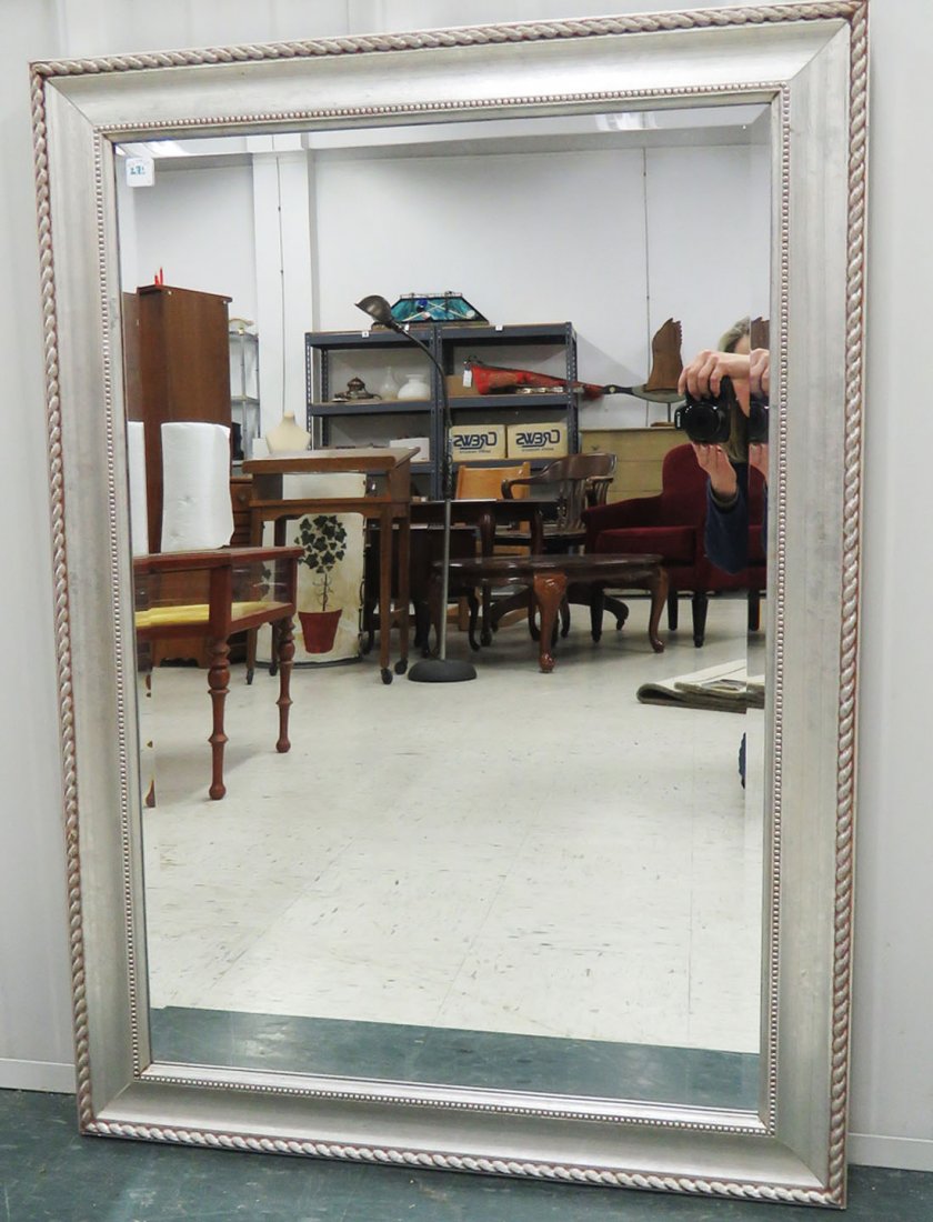 SILVER GUILT MODERNIST MIRROR. 29 1/2 X 42": SILVER GUILT MODERNIST MIRROR. 29 1/2 X 42"