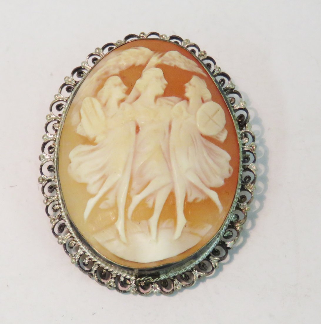 .800 SILVER FRAMED CARVED SHELL CAMEO, "THE THREE (1 of 3)