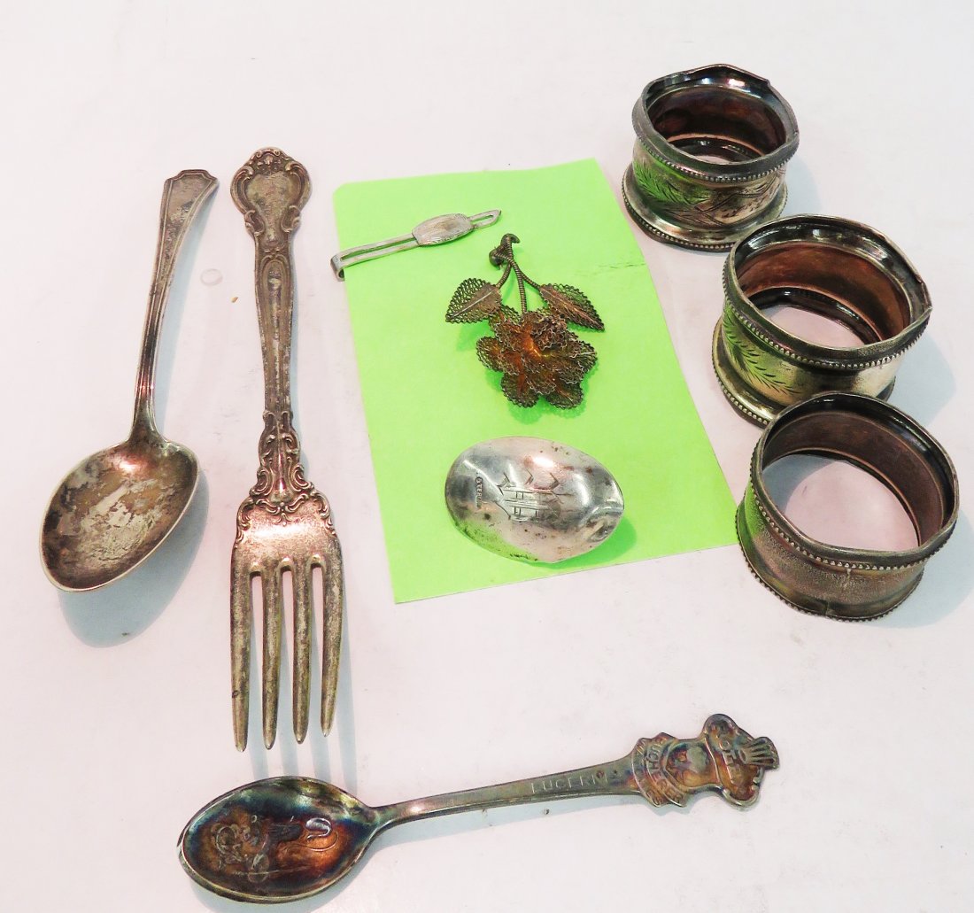 LOT ASSORTED STERLING INCLUDING NAPKIN RINGS, TIE (1 of 6)