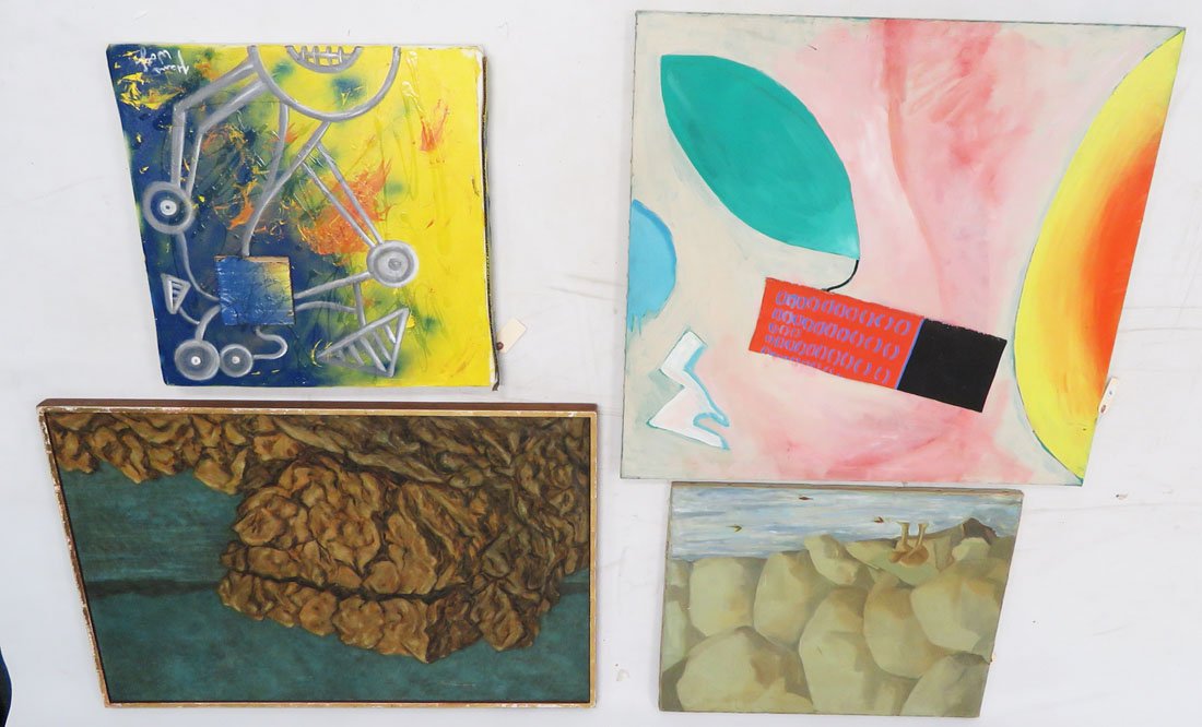 LOT (4) OIL ON CANVAS INCLUDING RICHARD EVANS AND LINDA: LOT (4) OIL ON CANVAS INCLUDING RICHARD EVANS AND LINDA HIWOT. LARGEST 28 X 42"