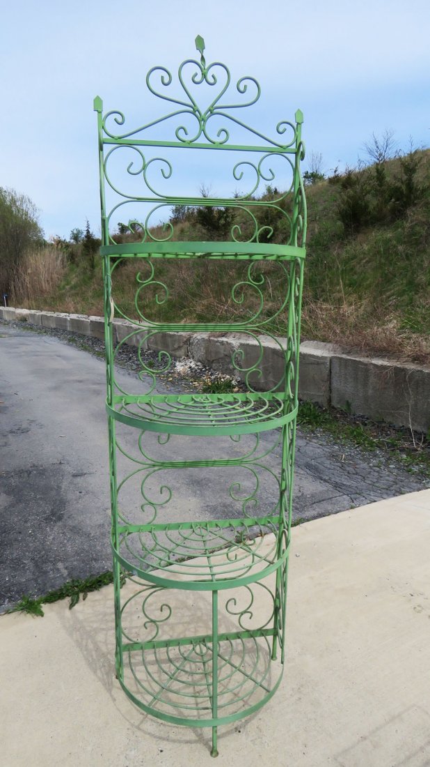 VINTAGE WROUGHT IRON AND PAINTED BAKERS RACK. HEIGHT: VINTAGE WROUGHT IRON AND PAINTED BAKERS RACK. HEIGHT 84"; WIDTH 24"
