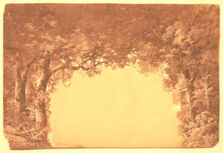 WATERCOLOR/GOUACHE SET DESIGN, LEE LASH: WATERCOLOR/GOUACHE SET DESIGN, TREE WAY ENTRANCE, SIGNED LEE LASH (AMERICAN 1864-1934) C.1920, ANNOTATIONS LL. 12 X 8"
