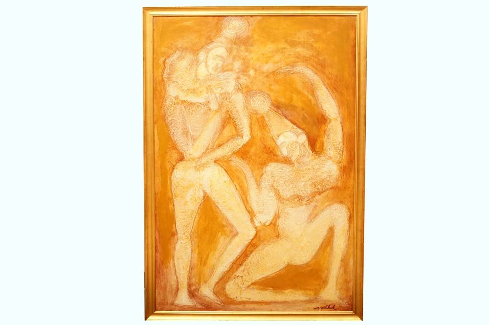 NORBERT VOELKEL (GERMAN 1945-), OIL ON MASONITE, "PLAY (1 of 2)