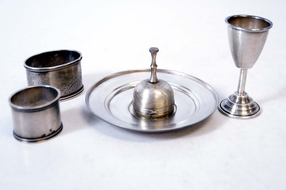 LOT (5) RUSSIAN SILVER INCLUDING (2) NAPKIN RINGS,: LOT (5) RUSSIAN SILVER INCLUDING (2) NAPKIN RINGS, SMALL WINE, SMALL PLATE, WINE TESTER. TWT 4.89 OZT