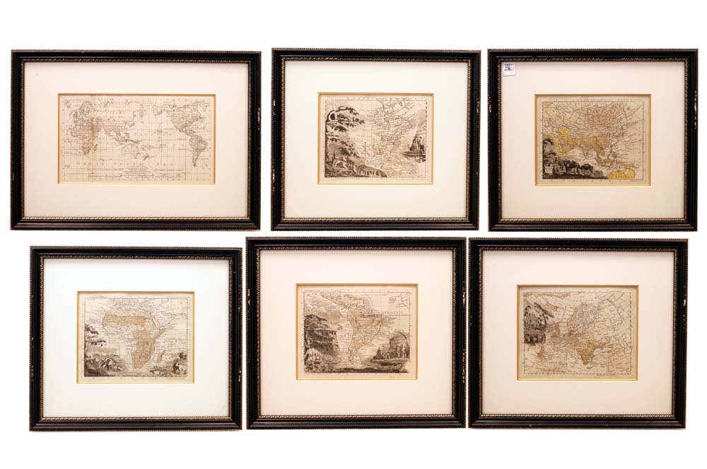LOT (6) MAPS-WORLD AND THE CONTINENTS, JOHN WALKER: LOT (6) MAPS-WORLD AND THE CONTINENTS, JOHN WALKER DUBLIN, C.1788. (1) 7 3/8 X 12 1/2"; FRAMED AND GLAZED 15 X 20"; (5) 7 1/2 X 9", FRAMED AND GLAZED 15 X 16 1/2"