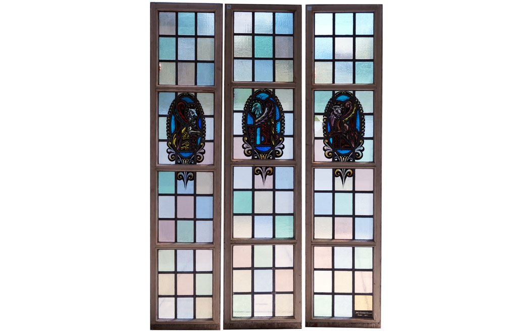 LOT (3) STAINED AND LEADED GLASS PANELS-LUKE, MARK AND: LOT (3) STAINED AND LEADED GLASS PANELS-LUKE, MARK AND JOHN, (1) SIGNED JOHN TERRENCE O'DUGGAN, BOSTON 1951. 82 X 18 1/2"; (1/DAMAGED)