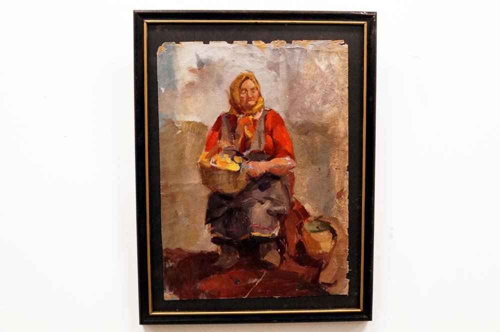 VERA ERMOLAEVA (RUSSIAN 1893-1938), OIL ON PAPER, "PELA: VERA ERMOLAEVA (RUSSIAN 1893-1938), OIL ON PAPER, "PELA JEY 1928", INSCRIBED VERSO. SHEET 14 X 10 1/4"; FRAMED AND GLAZED-17 X 13"