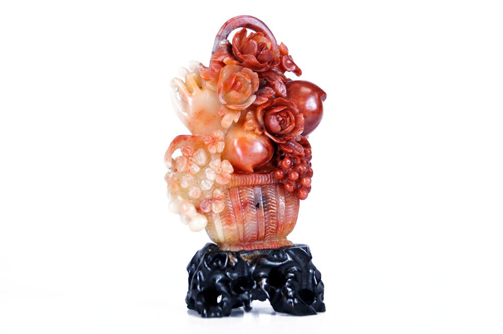 CHINESE CARVED SOAPSTONE BASKET OF FLOWERS WITH STAND.: CHINESE CARVED SOAPSTONE BASKET OF FLOWERS WITH STAND. HEIGHT 4"