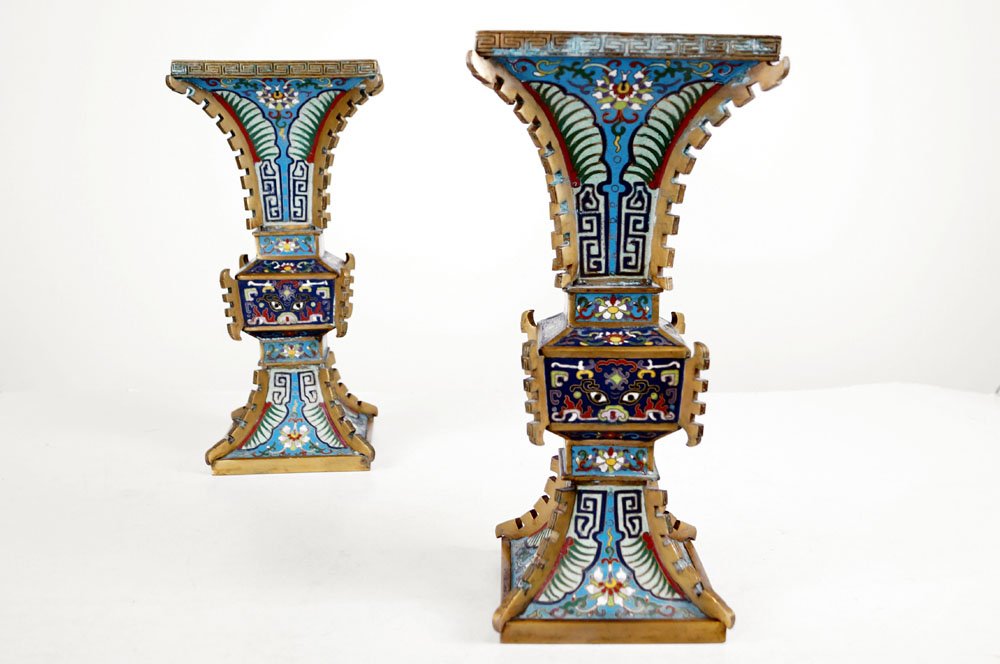 PAIR CHINESE GU-FORM CLOISONNE VASES, BEARING CH'IEN (1 of 2)
