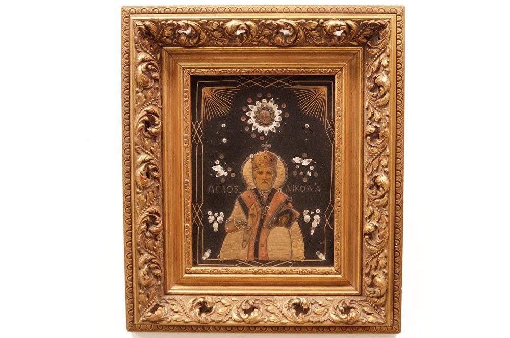 GREEK EMBROIDERED/APPLIQUE ICON. 11 X 8 1/4"; FRAMED (1 of 1)