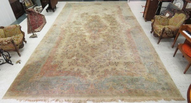 ANTIQUE IVORY KIRMAN PALACE CARPET. 12'10" X 22'6" (1 of 5)