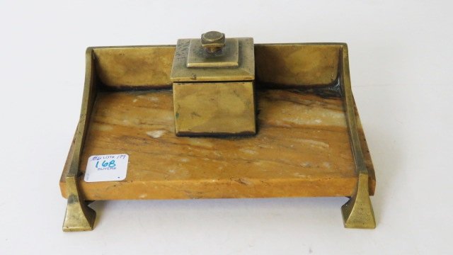 AUSTRIAN ART DECO BRONZE AND MARBLE INK WELL/PEN TRAY (1 of 2)