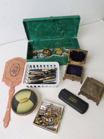 BOX LOT ASSORTED FOUNTAIN PENS, JEWELRY, DRESSER BOXES, (1 of 6)