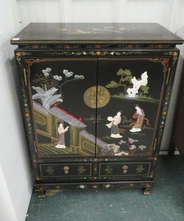CHINESE LACQUER AND HARDSTONE MOUNTED CABINET. HEIGHT (1 of 3)