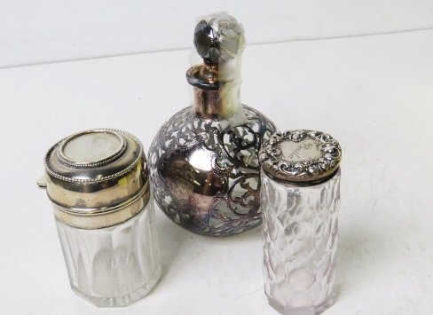 LOT (3) STERLING OVERLAY AND CAPPED DRESSER JARS/BOTTLE: LOT (3) STERLING OVERLAY AND CAPPED DRESSER JARS/BOTTLE
