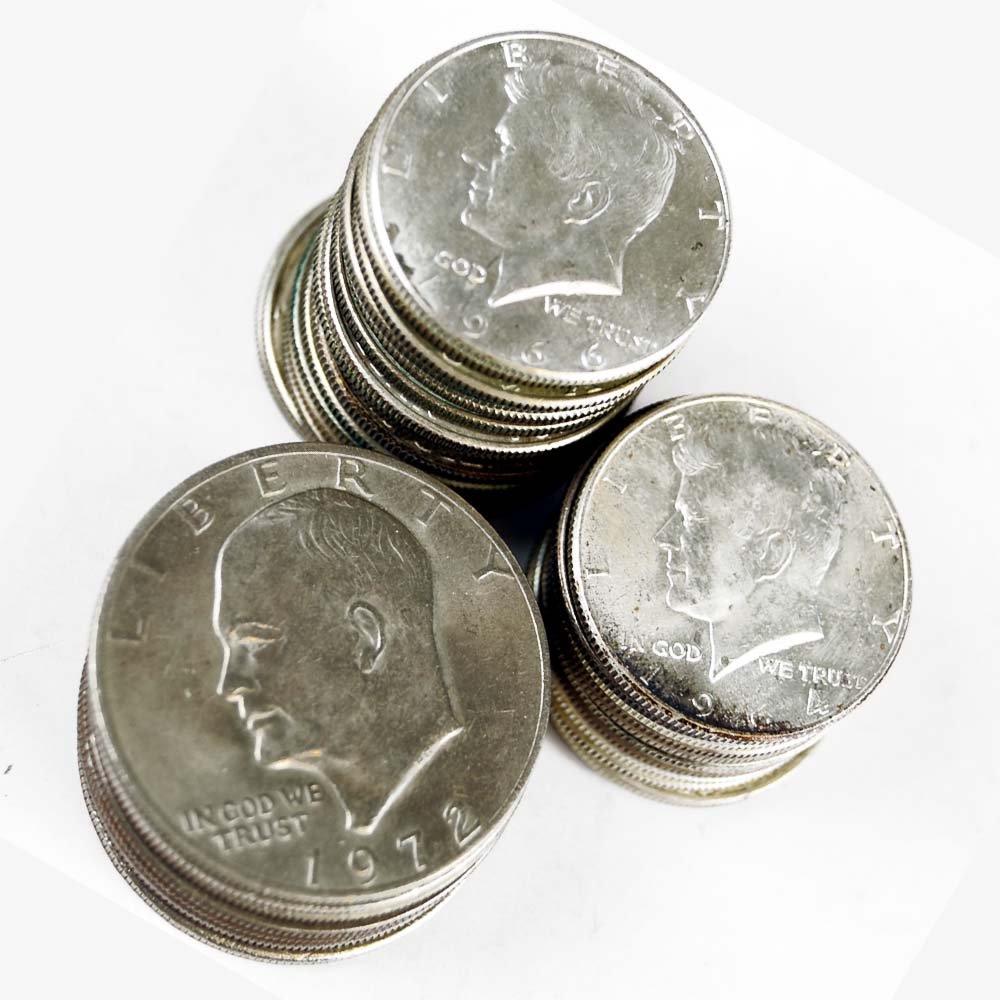 LOT APPROXIMATELY (36) $1 AND HALF DOLLAR SILVER COINS (1 of 1)