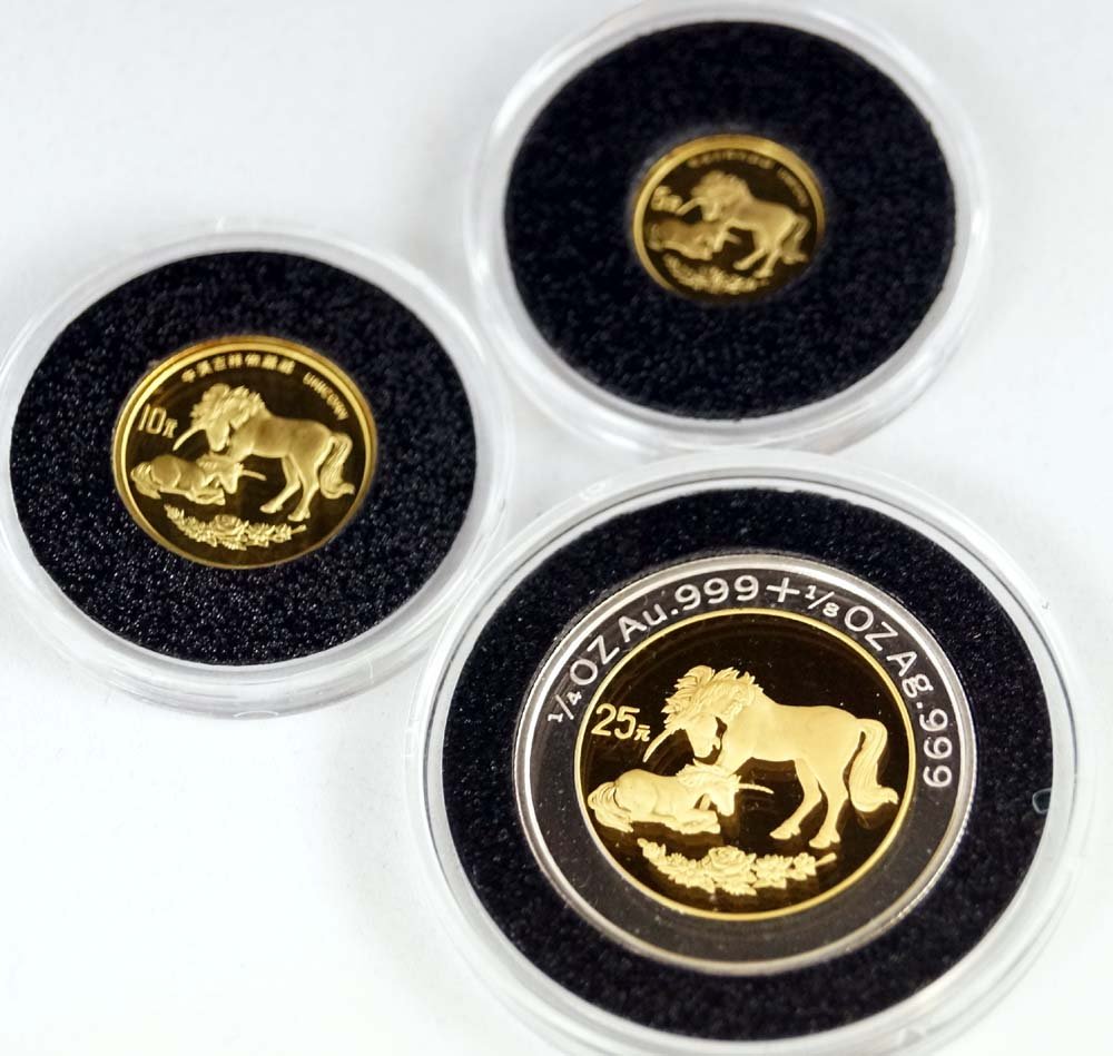 LOT (3) 1995 CHINA COINS, UNICORN INCLUDING .999 GOLD 5 (1 of 2)