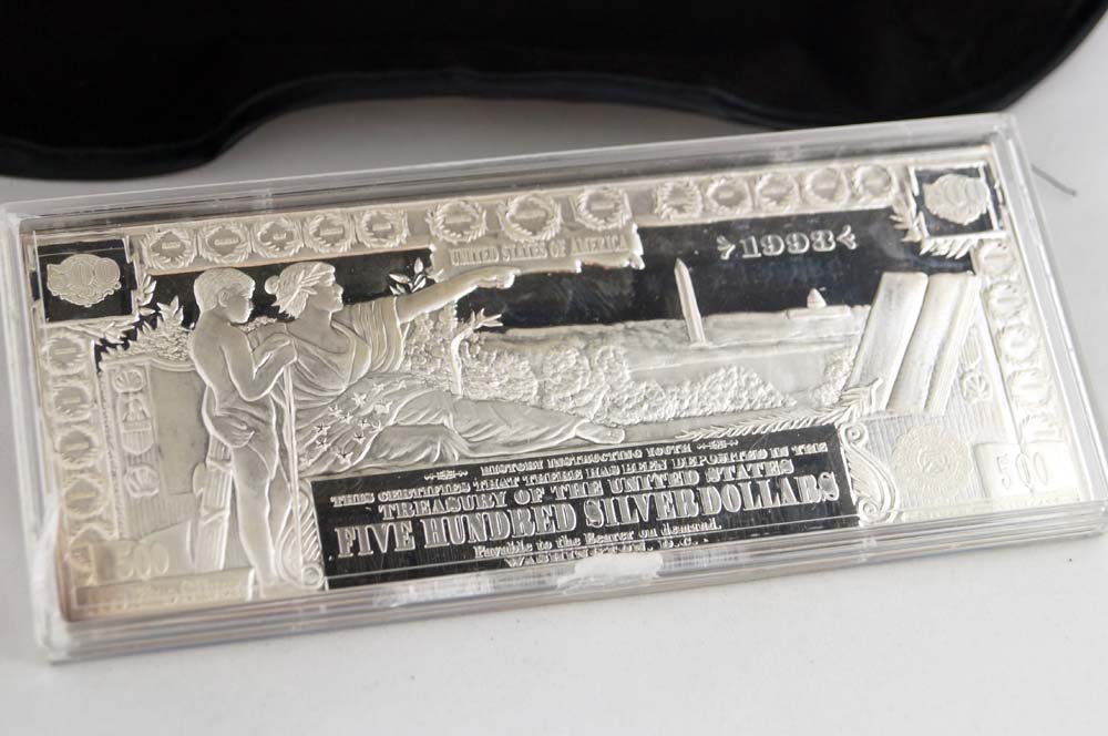 1993 .999 SILVER 500 DOLLAR SILVER CERTIFICATE, 8 OZ (1 of 2)