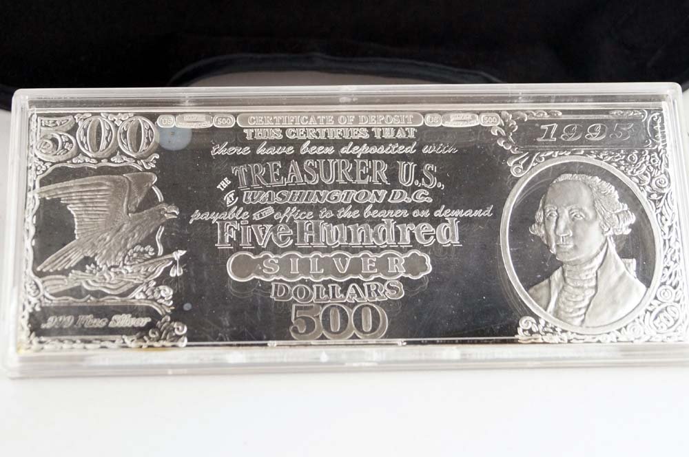1995 .999 SILVER 500 DOLLAR SILVER CERTIFICATE, 8 OZ (1 of 2)